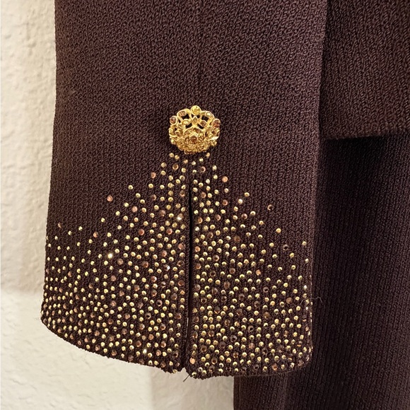 Vintage St. John Evening by Marie Gray Knit Skirt Suit Set Brown/Gold Size 8 - Picture 9 of 16